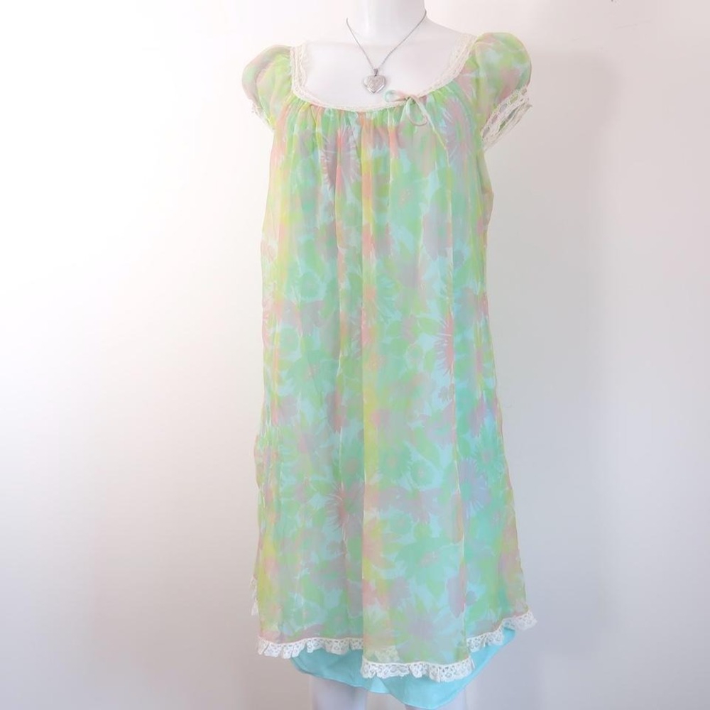 sheer green floral babydoll 70s slip mini dress fairycore